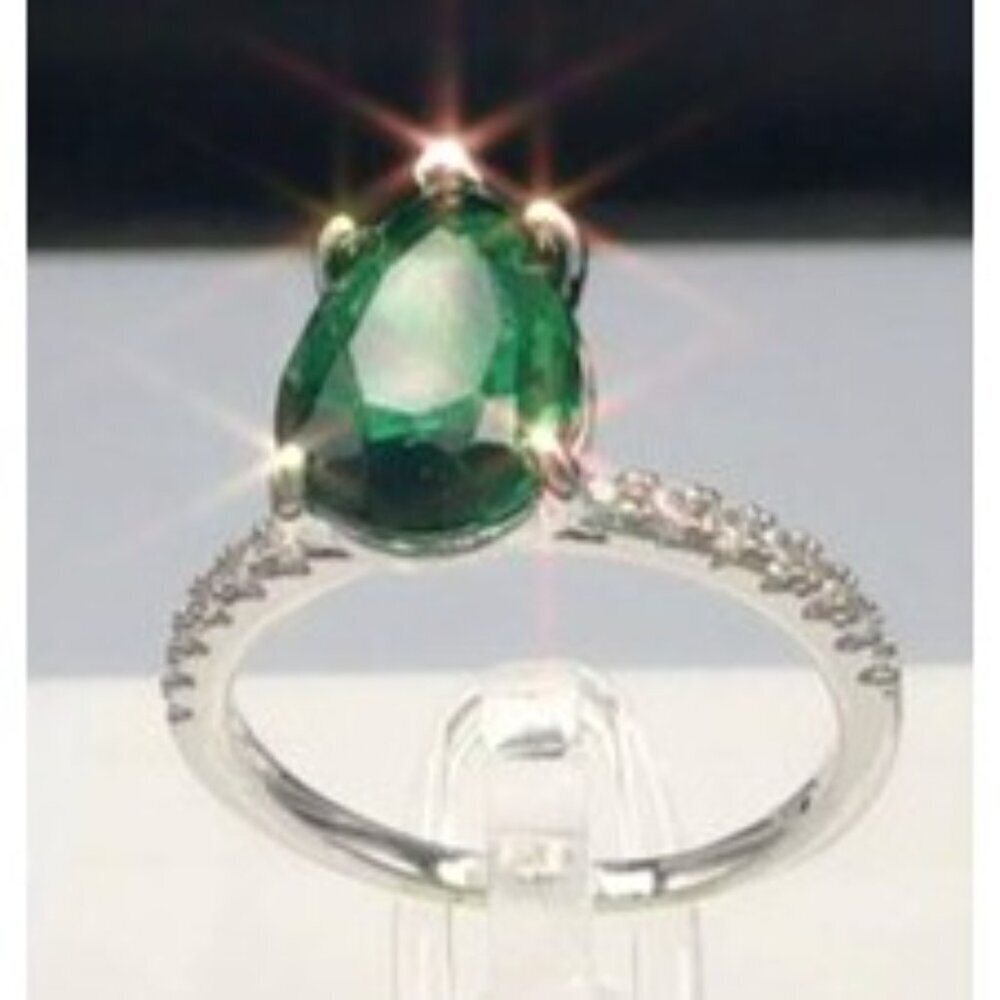 Sterling Silver Green Gemstone Pear Cut Ring Size 9 - Picture 2 of 9